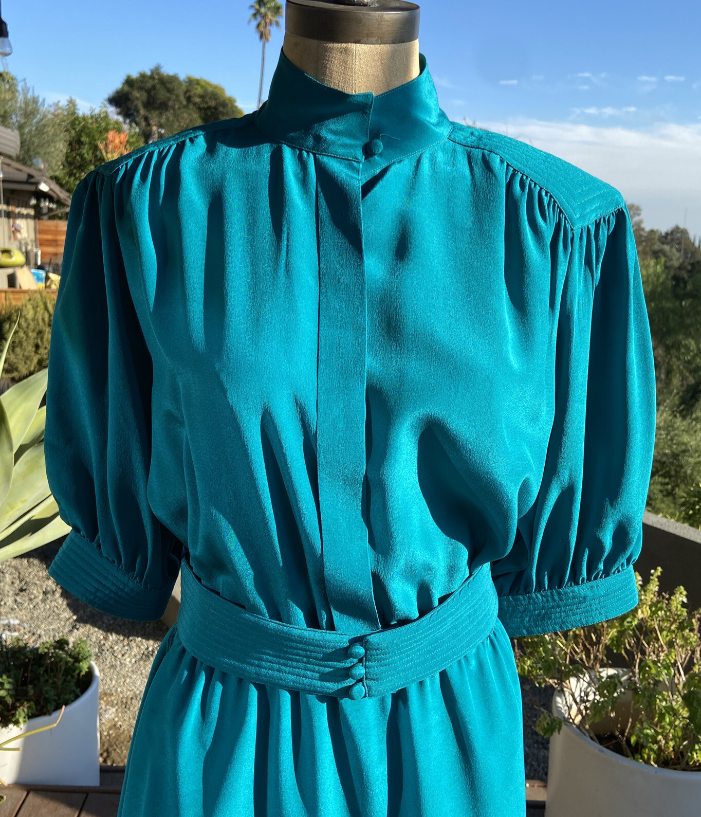 Vintage Pierre Cardin dark turquoise silk dress, circa 1980s, Sz8