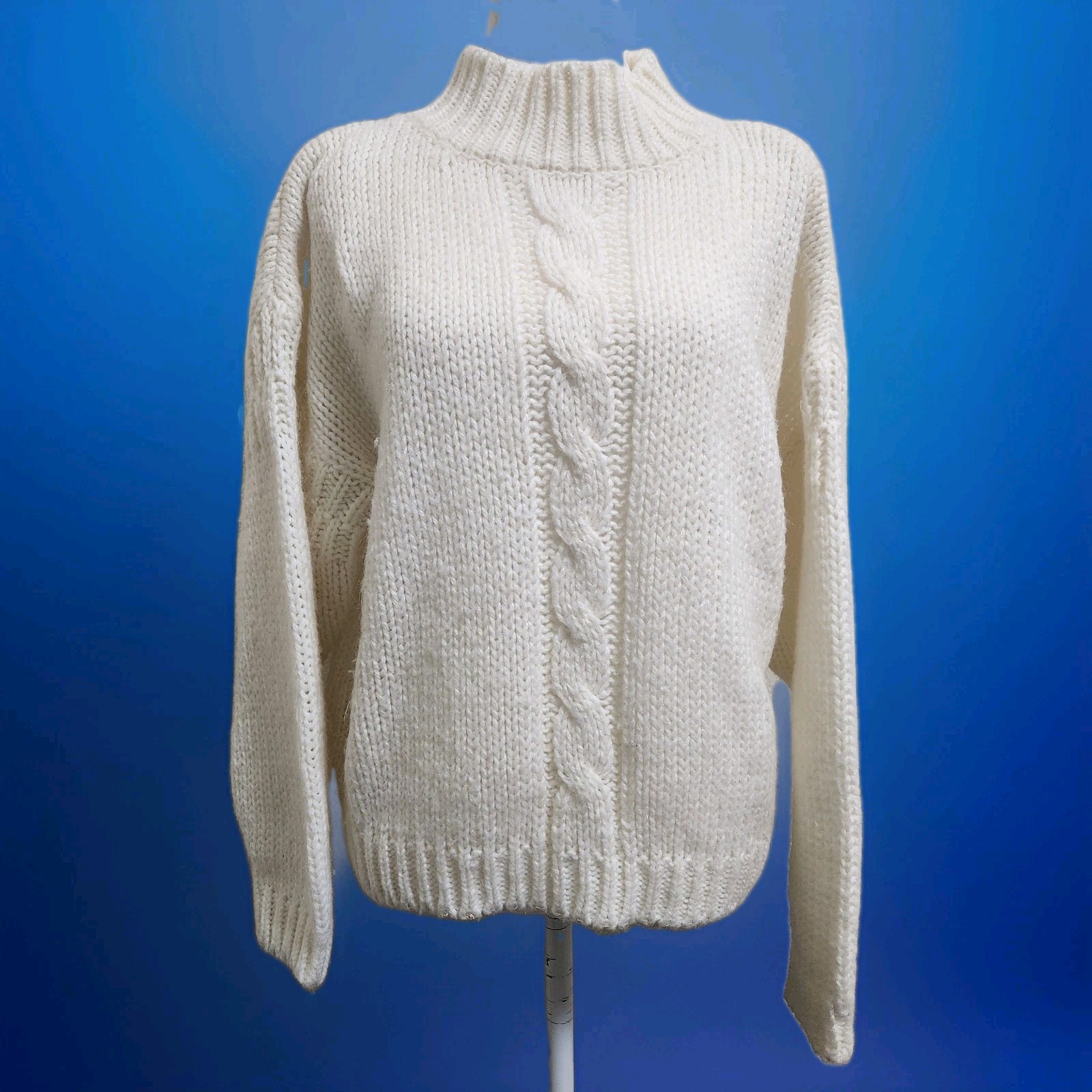 Vintage 80s/90s FAST TURN Cable Knit Wool Sweater L Ivory Boxy Mock Fisherman