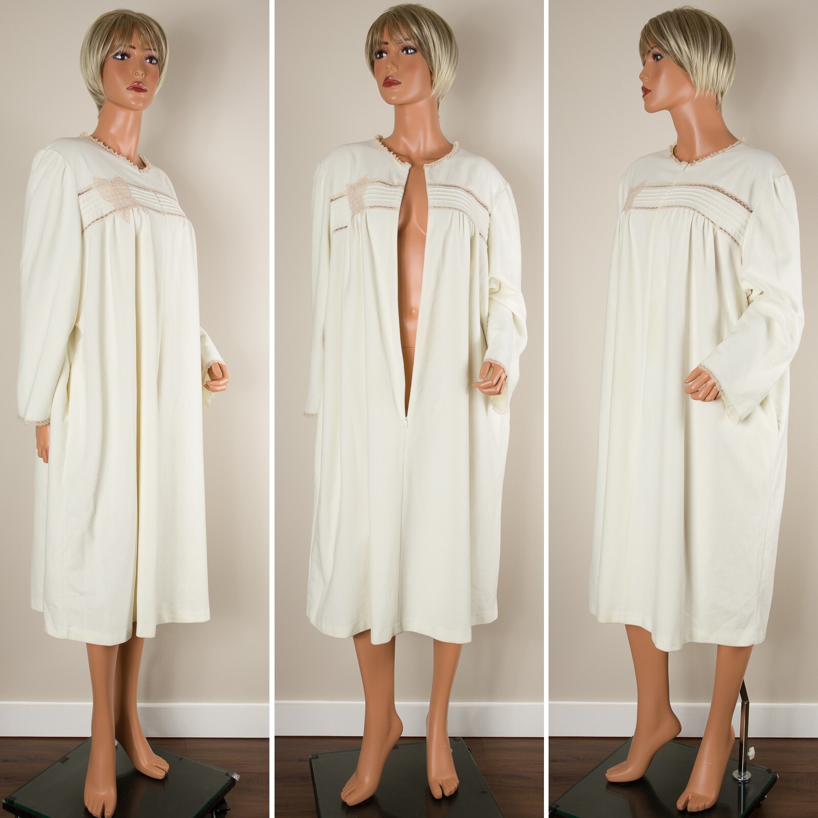 💖 VANITY FAIR Vintage Ivory Robe Lounge Coat Fleece Long Sleeve Half Zip 2XL