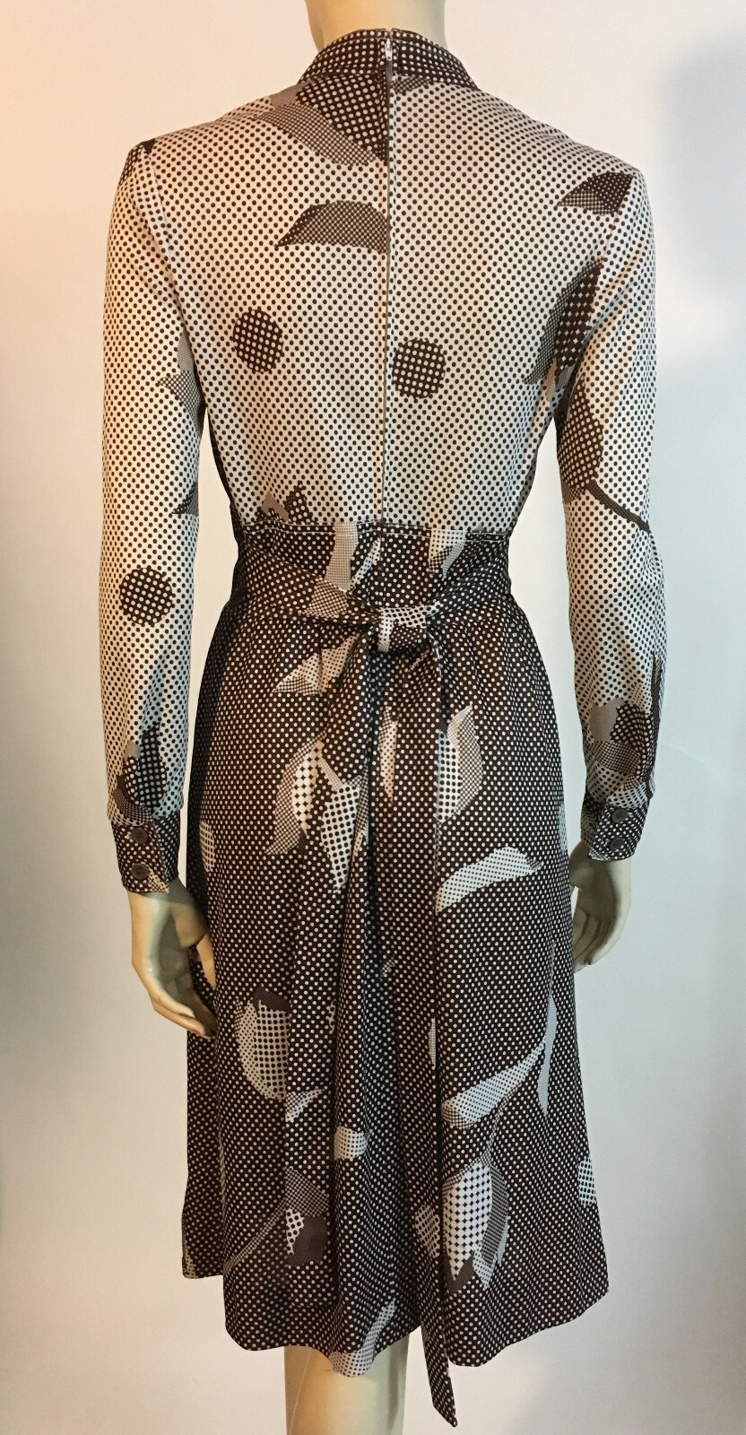 1970s True Vintage Brown Floral Graphic Optic Dot Matrix Geometric Nylon Dress S