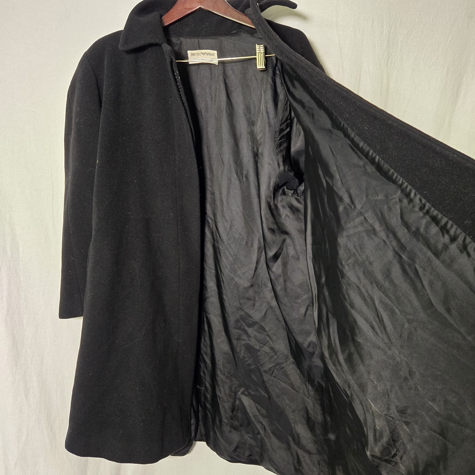 Vintage Emporio Armani Italy Womens 44 Swing Coat Virgin Black Wool Satin Lined