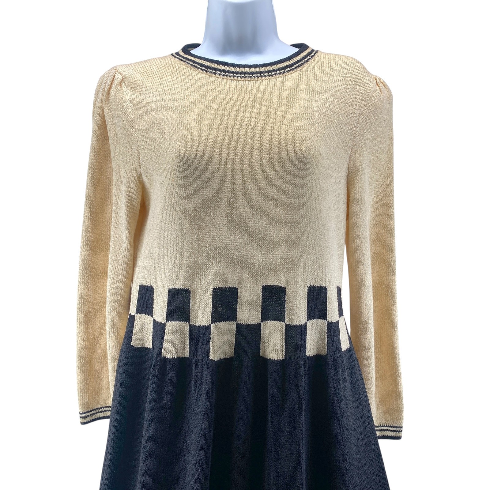Vintage Peter Lynne Dress Large Black Ivory Wool Santana Knit Checkerboard Midi