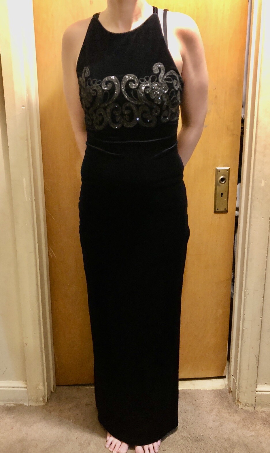 Sz 7/8 Vintage Y2K 1990s Style Maurice’s Black Velvet Halter Dress w Glitter