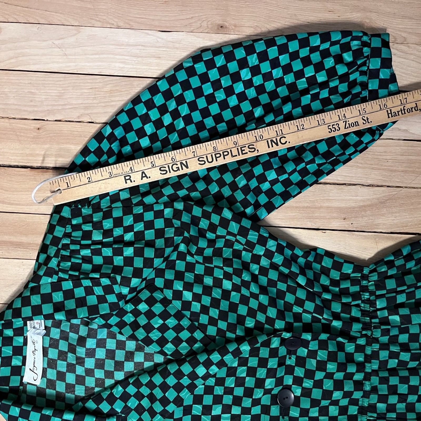 Jaymee Papell Vintage 80’s Green Checkered Dress Cinch Waist Sz 6