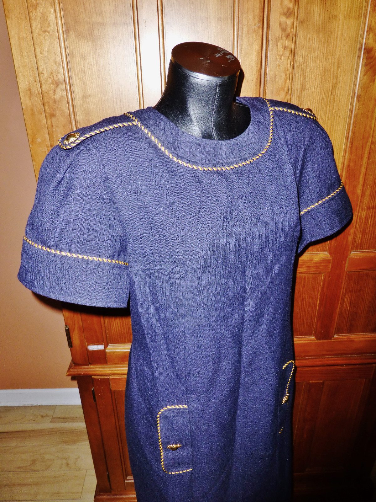 Vtg 80s Dress Emporio OLEG CASSINI Navy Military Chic Gold Buttons DRESS size 10