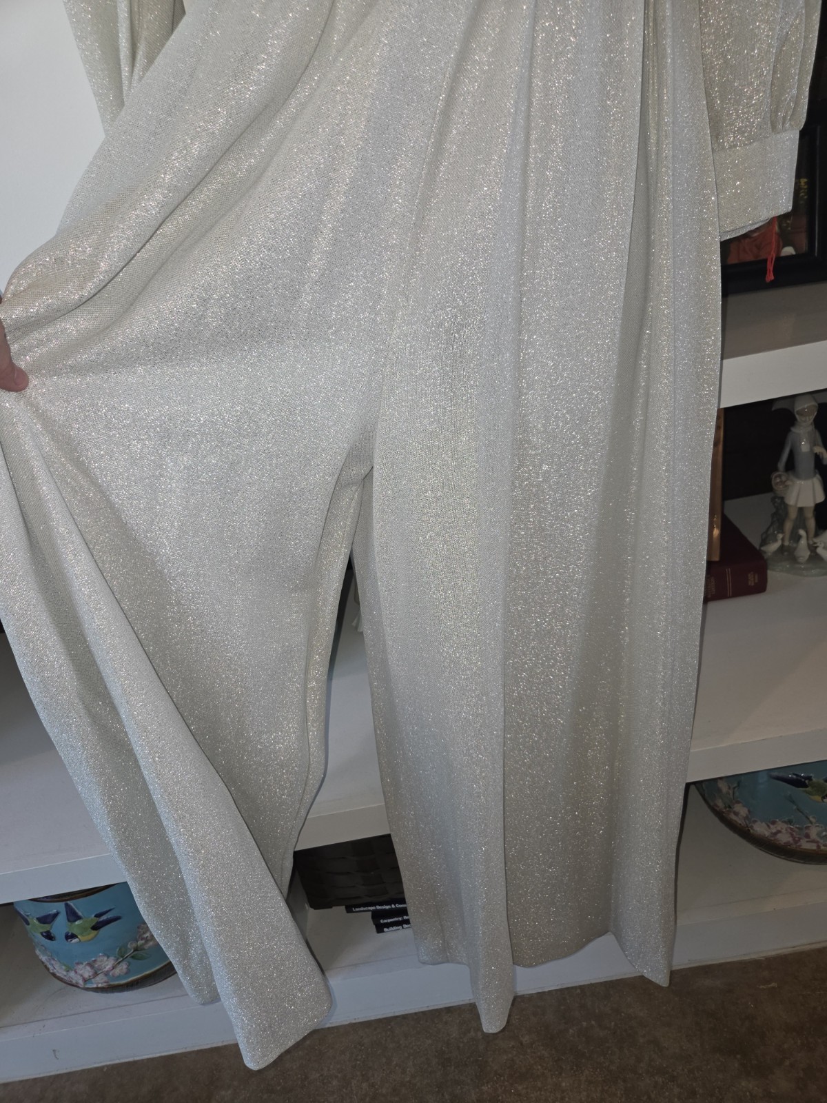 Vtg 60s 70s Judy Gibbs Sparkly Silver Metallic Wide Leg Palazzo Jumpsuit Glam S