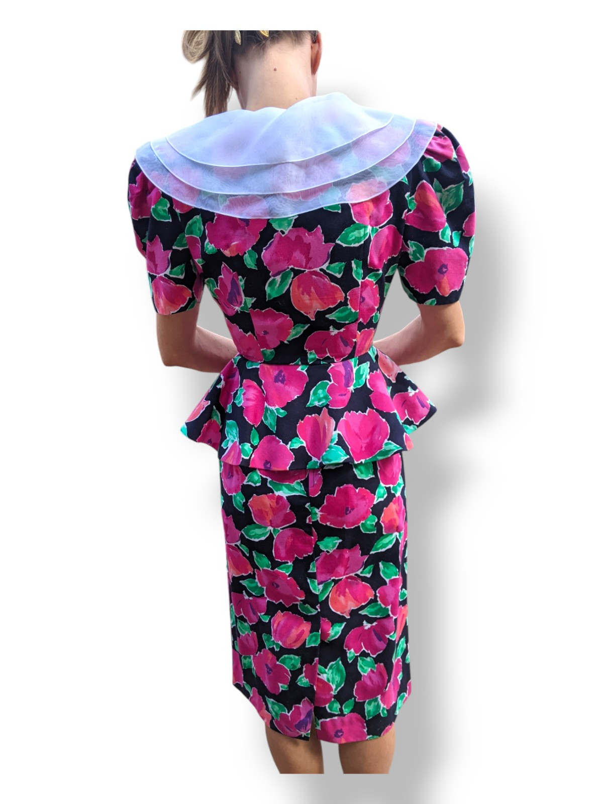 Vtg Leslie Fay 80s Peplum Jacket Top Chiffon Collar Rose Floral Easter Suit Sz 4