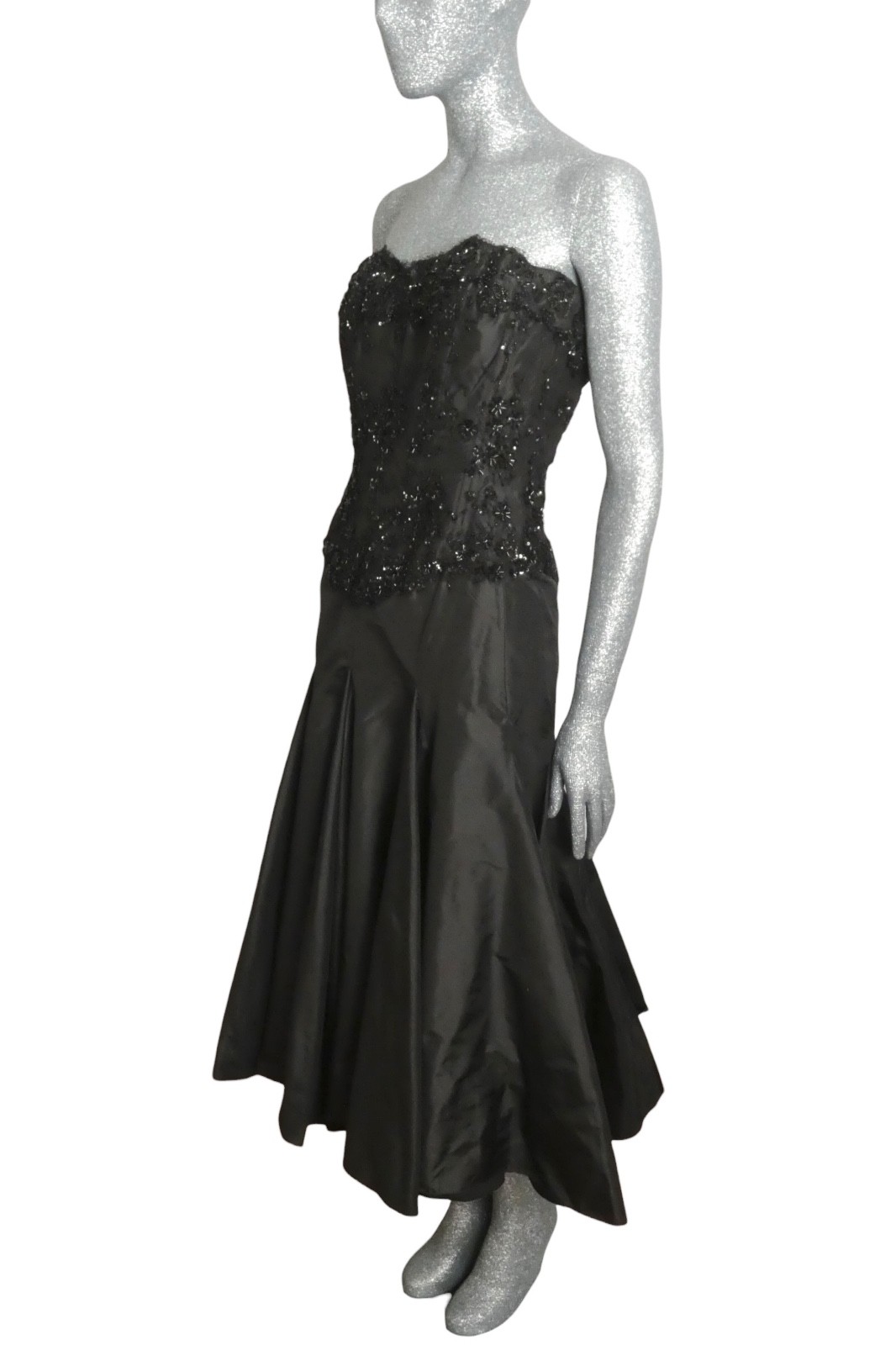 VICKY TIEL – 1980s Black Beaded & Taffeta Party Dress, Size 8