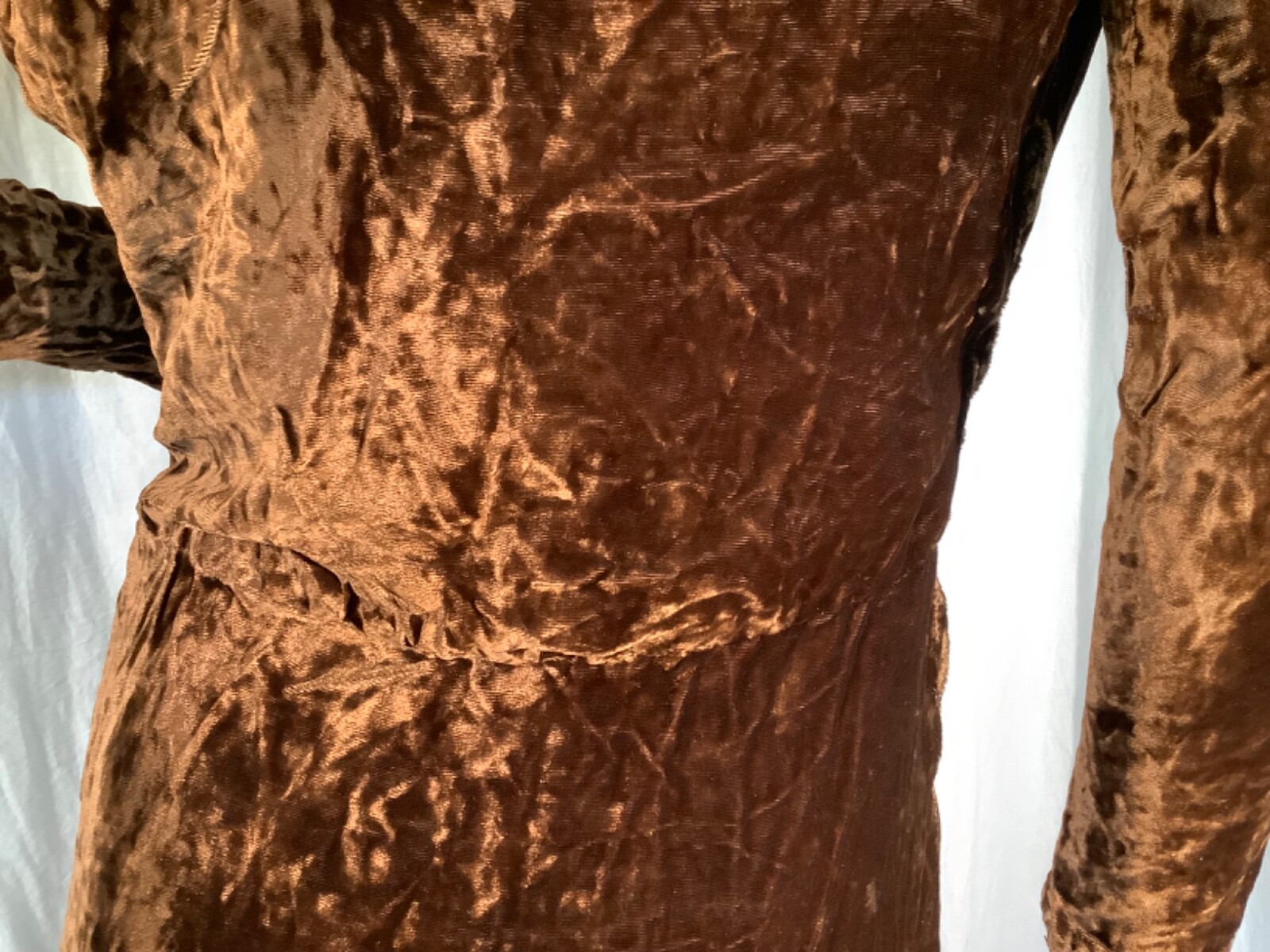Art Deco vintage 30s draped 2 piece Dress peplum Top skirt Crushed velvet Brown