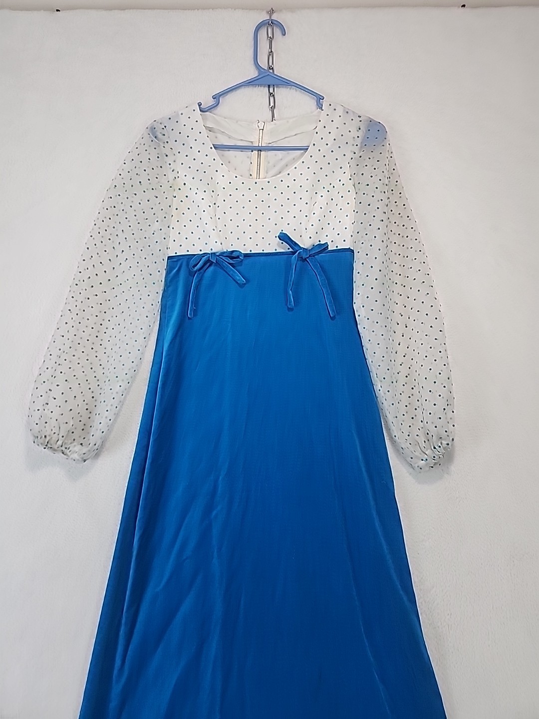 Vtg 60s 70s Empire Waist Maxi Dress Homemade Sheer Sleeve Aqua Blue Velvet