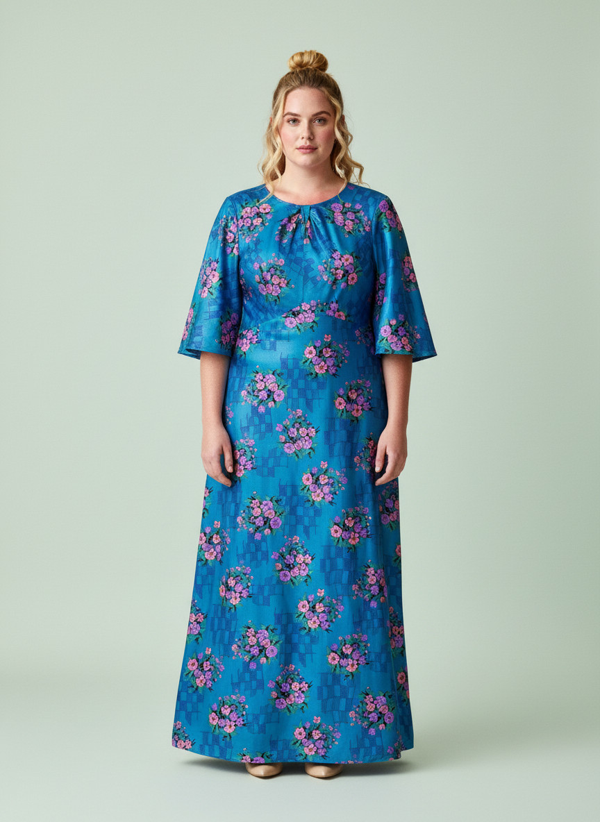 Vintage 60s Unworn size L Dress Blue Silky Maxi Long Tags Mint Fit & Flare