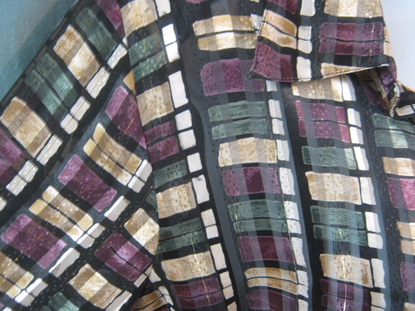 Dress Barn Blouse Size Medium Sheer Shadow Strip Plaid Dressy Metallic Threads