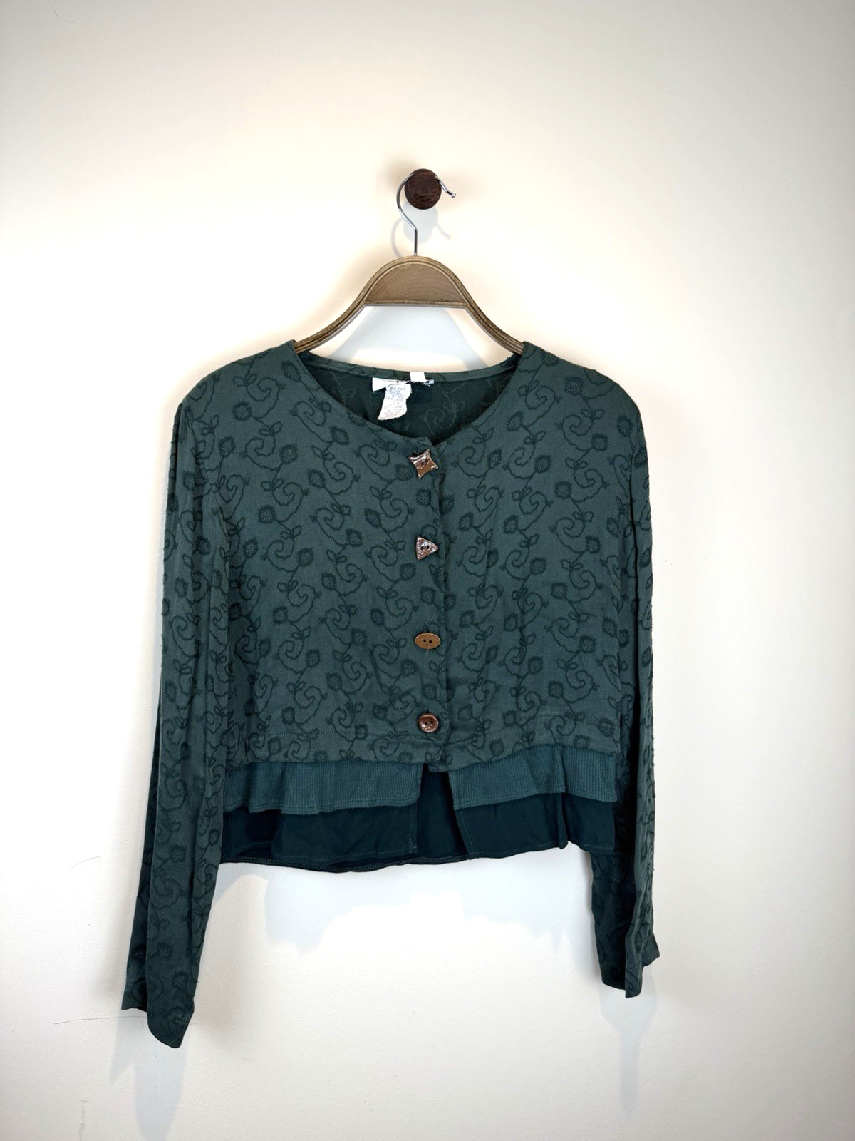 Vintage J. Jill Women’s Hunter Green Wood Buttoned Cardigan Floral Vine S Folk