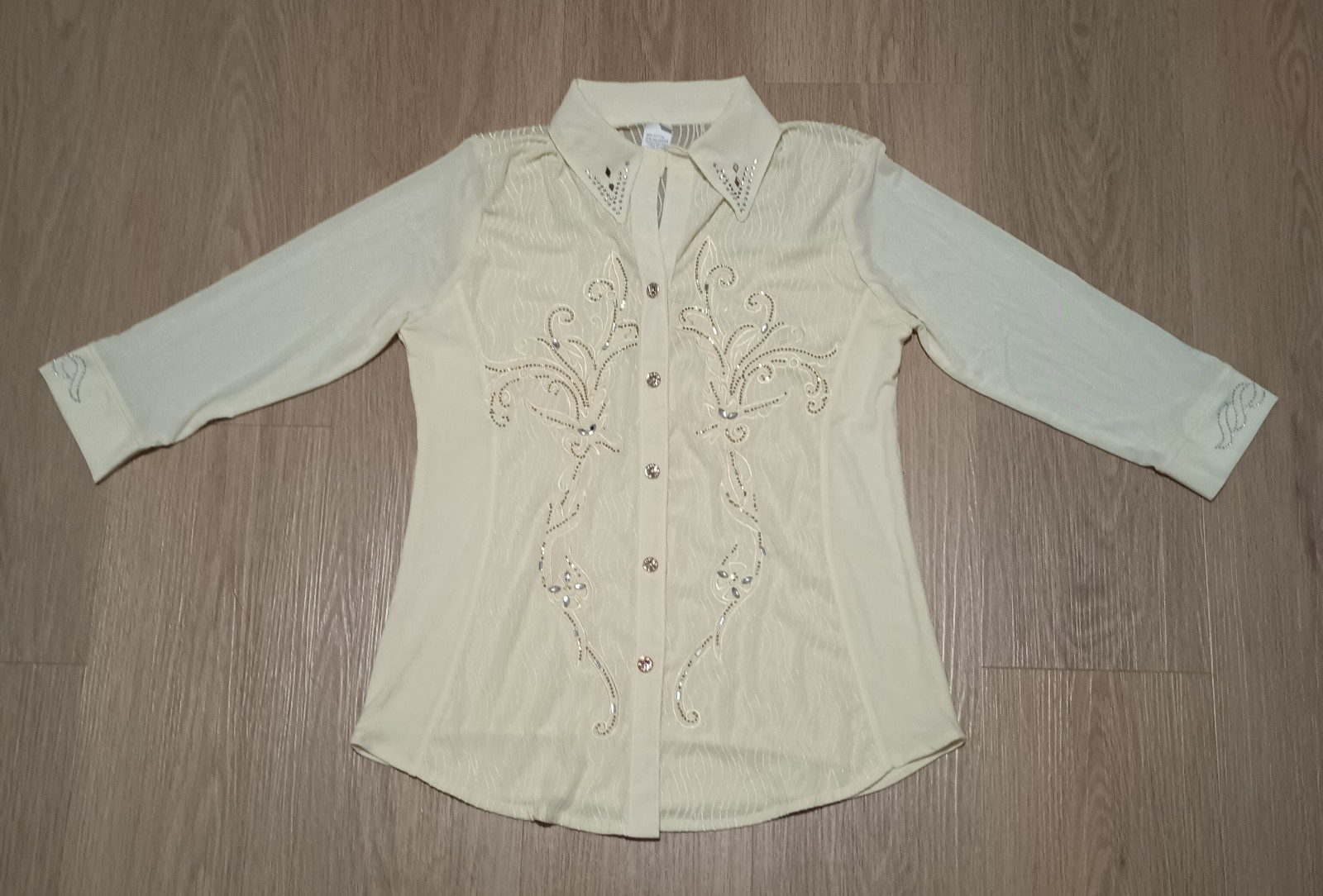 Vtg 70s Stretchy Mesh Sparkly Beaded Lemon Yellow Western Dance Country Top M
