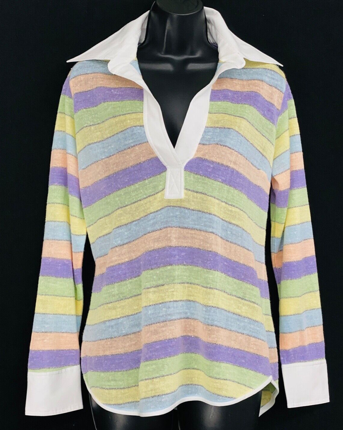 Vintage 1970s pastel striped shirt, collared knit blouse purple green NOS M L