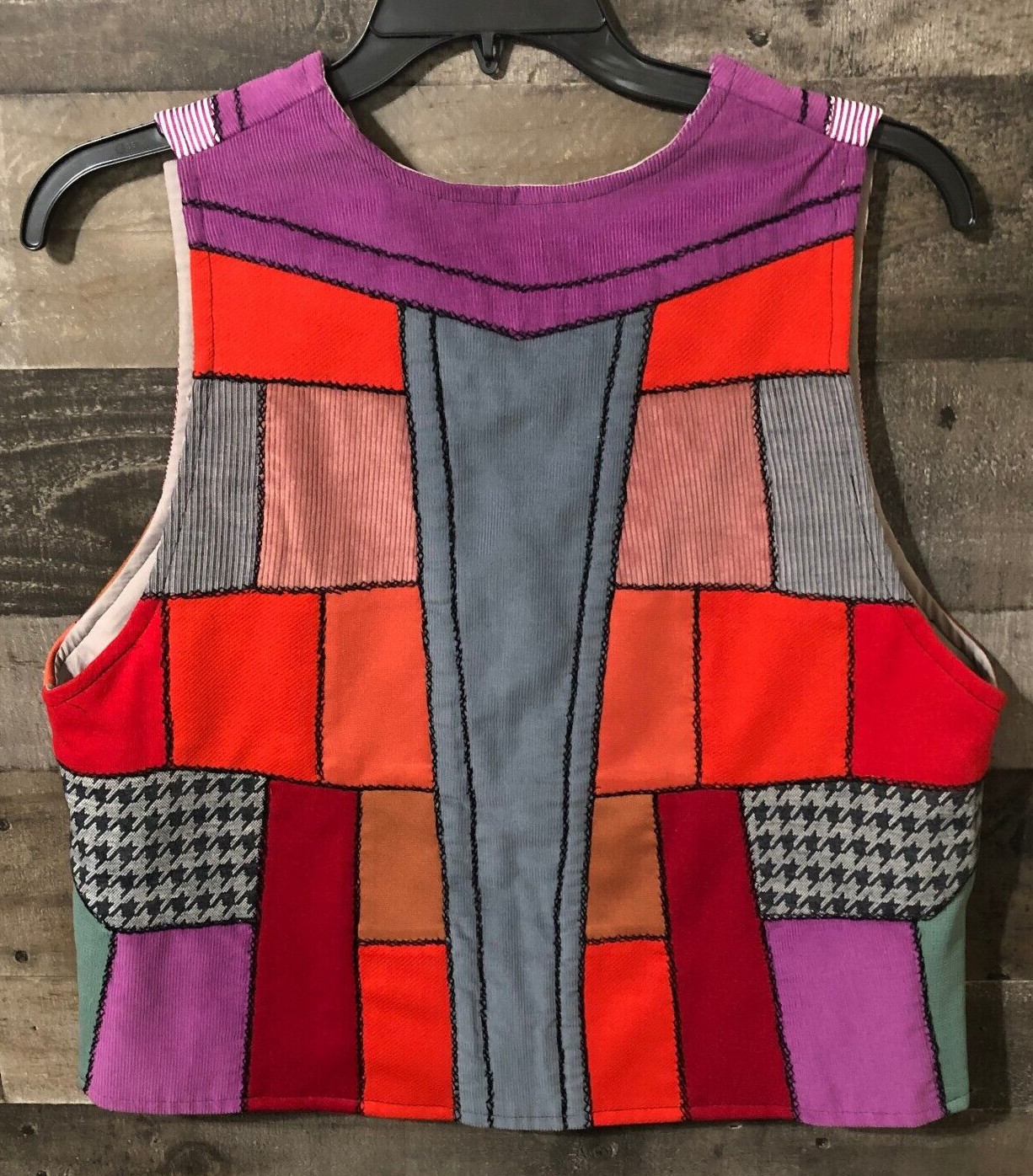 Patchwork Womens Dopamine Quilted Hand Crafted Artsy Vest Vtg Folk Hippie L