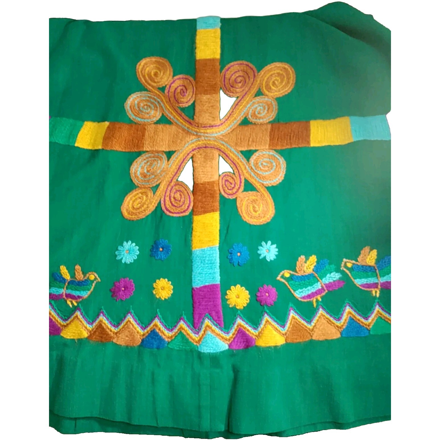 Handmade One Of Kind Embroidered Skirt Long, Size S, Green Turquoise Color.