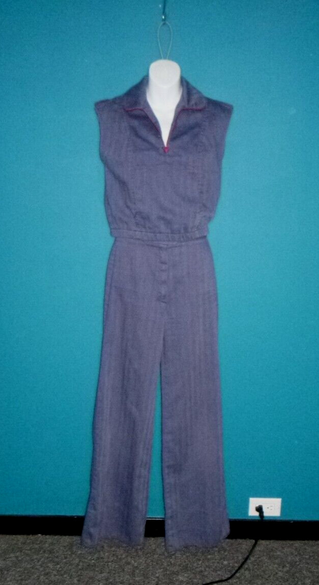 Vtg 70s Groovy The Suit Brand Blue Twill Top & Wide Leg Pants Pleather Trim Sz S
