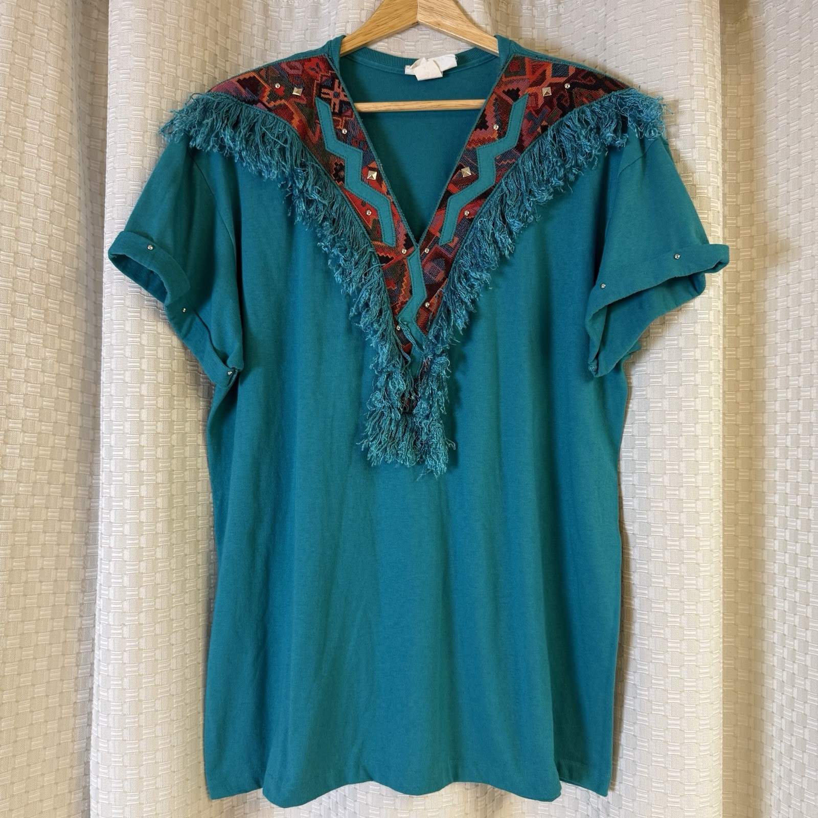 Vintage 80’s USA Joanie W Southwestern Fringe Turquoise Cowgirl Studded L Shirt
