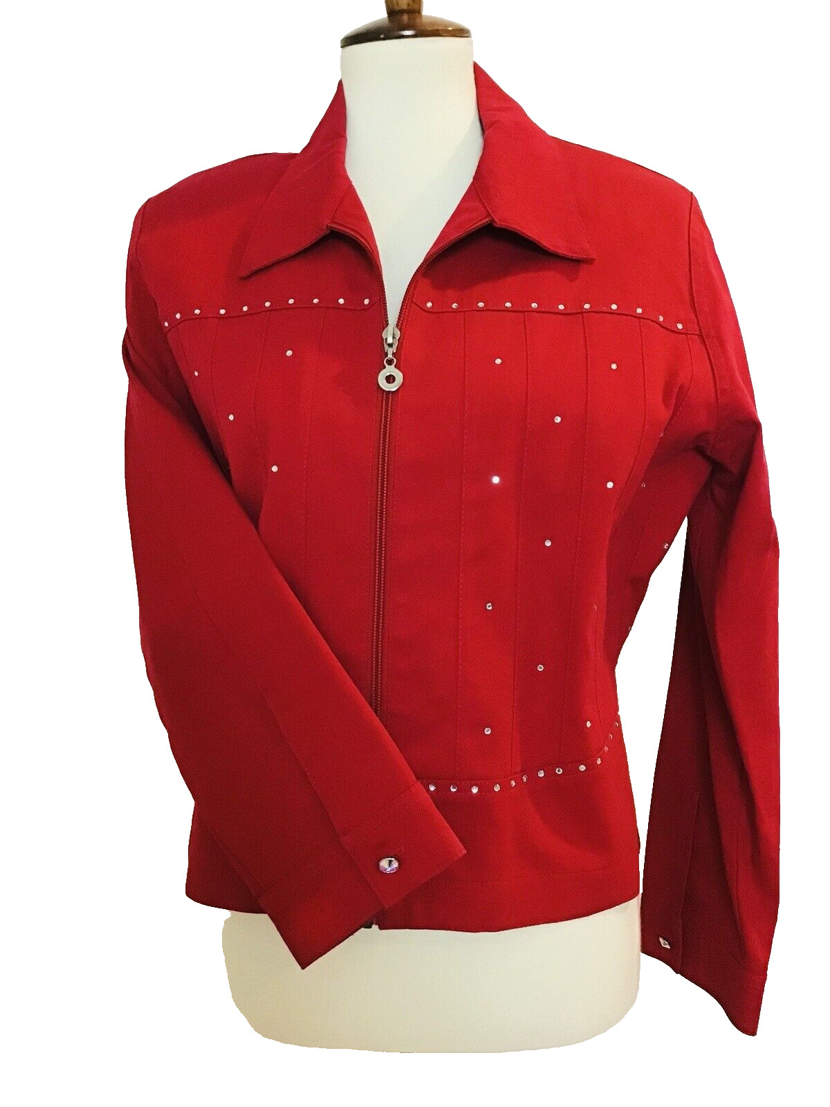 Rhinestone Red Jacket Vtg Mili Designs Zip Up Bling Buttons Cotton Shoulder Pads
