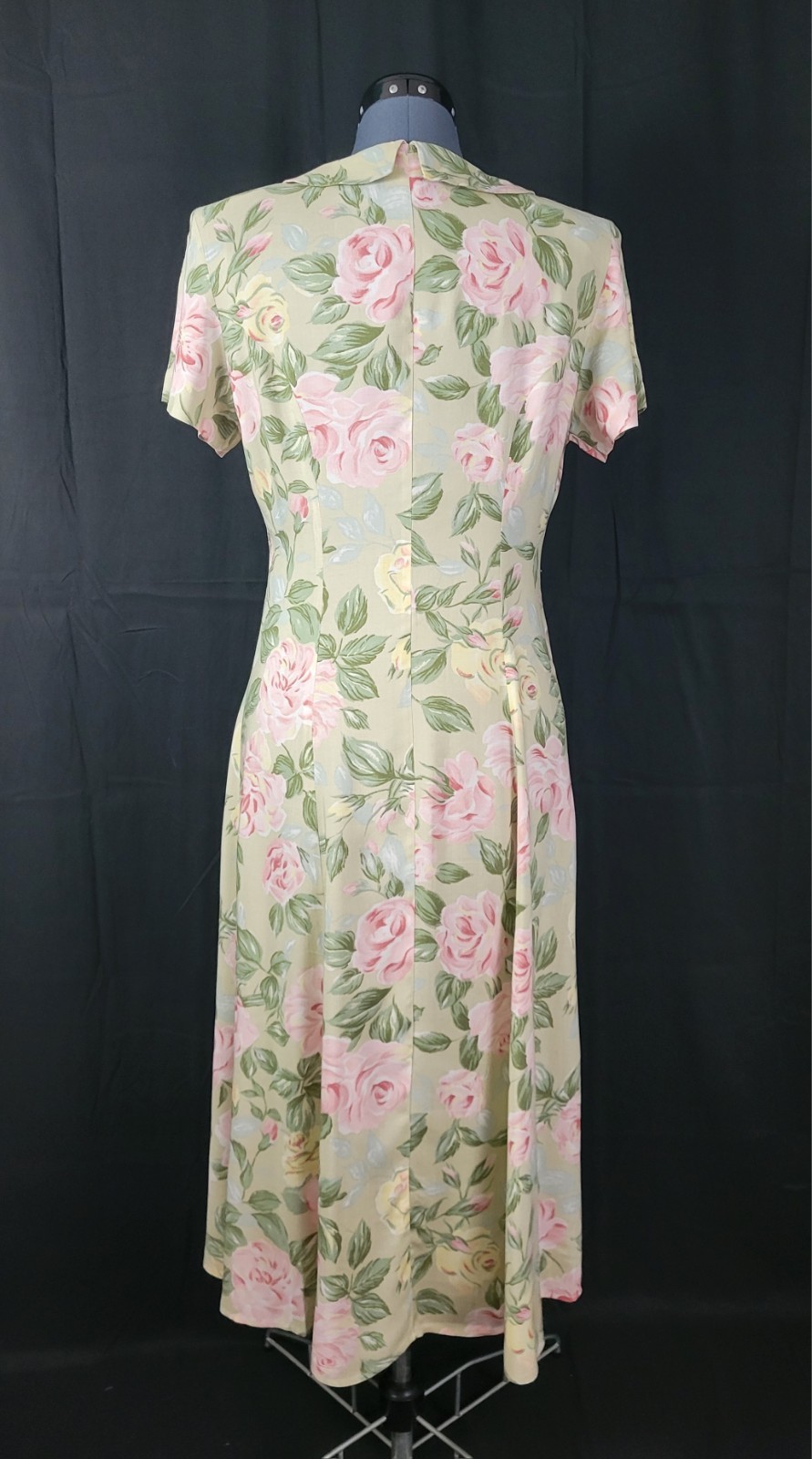 Vintage Ellen Ashley Tan Fit & Flare Button Down Dress w Pastel Florals Size 8
