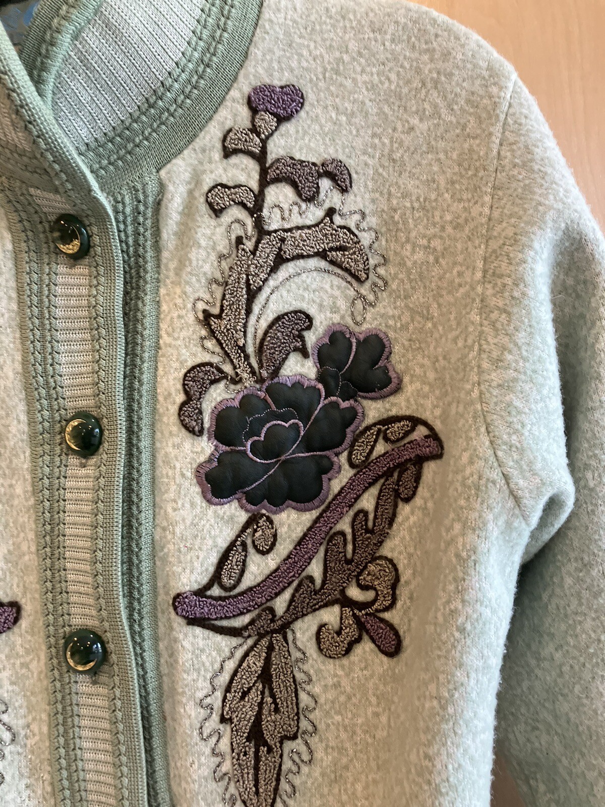 Vtg 80s Wool Cardigan Sweater Lined Embellished Embroidered Appliquéd Large