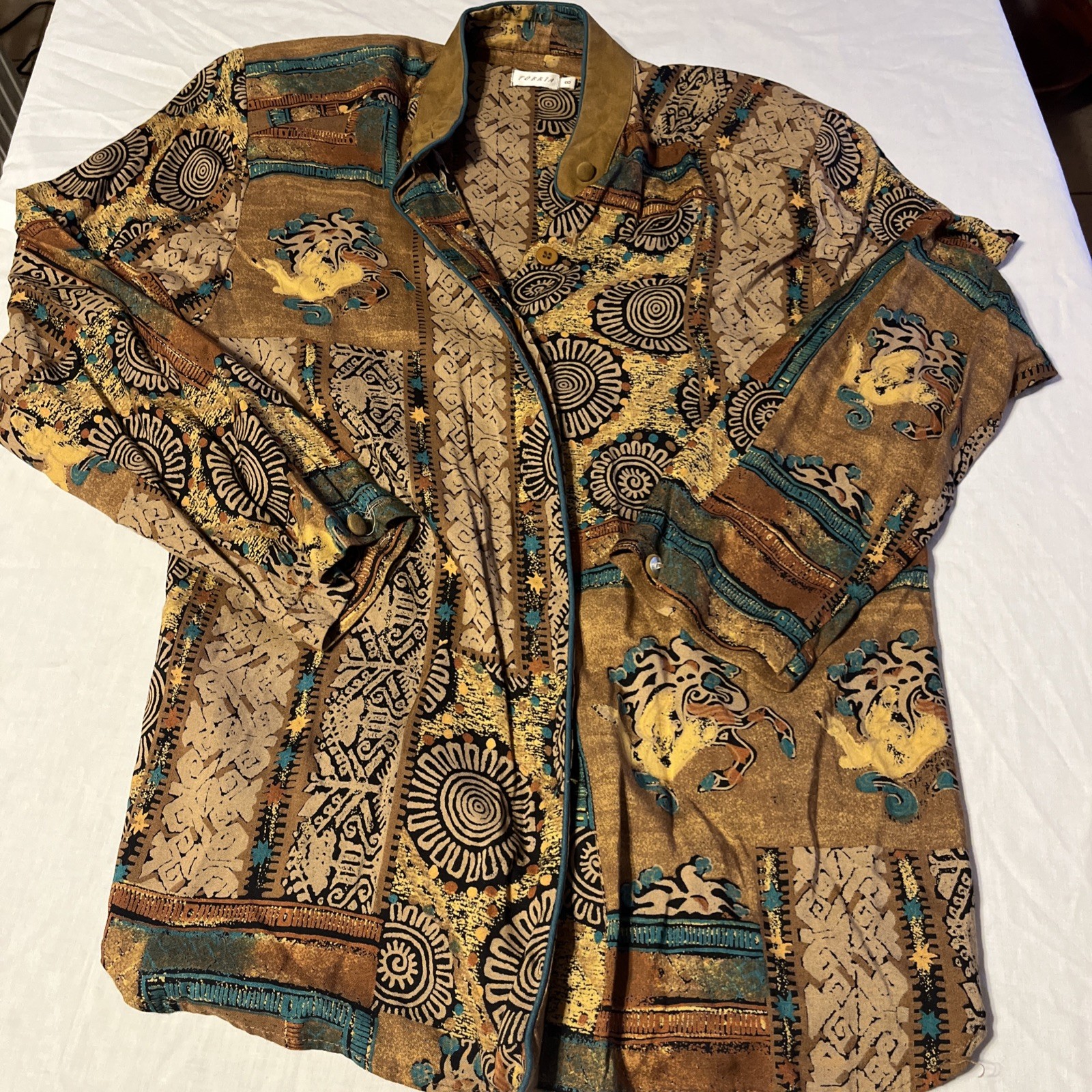 Vintage Tobria Abstract Print Rayon Button Up Blouse Shoulder Pads Size 8 USA