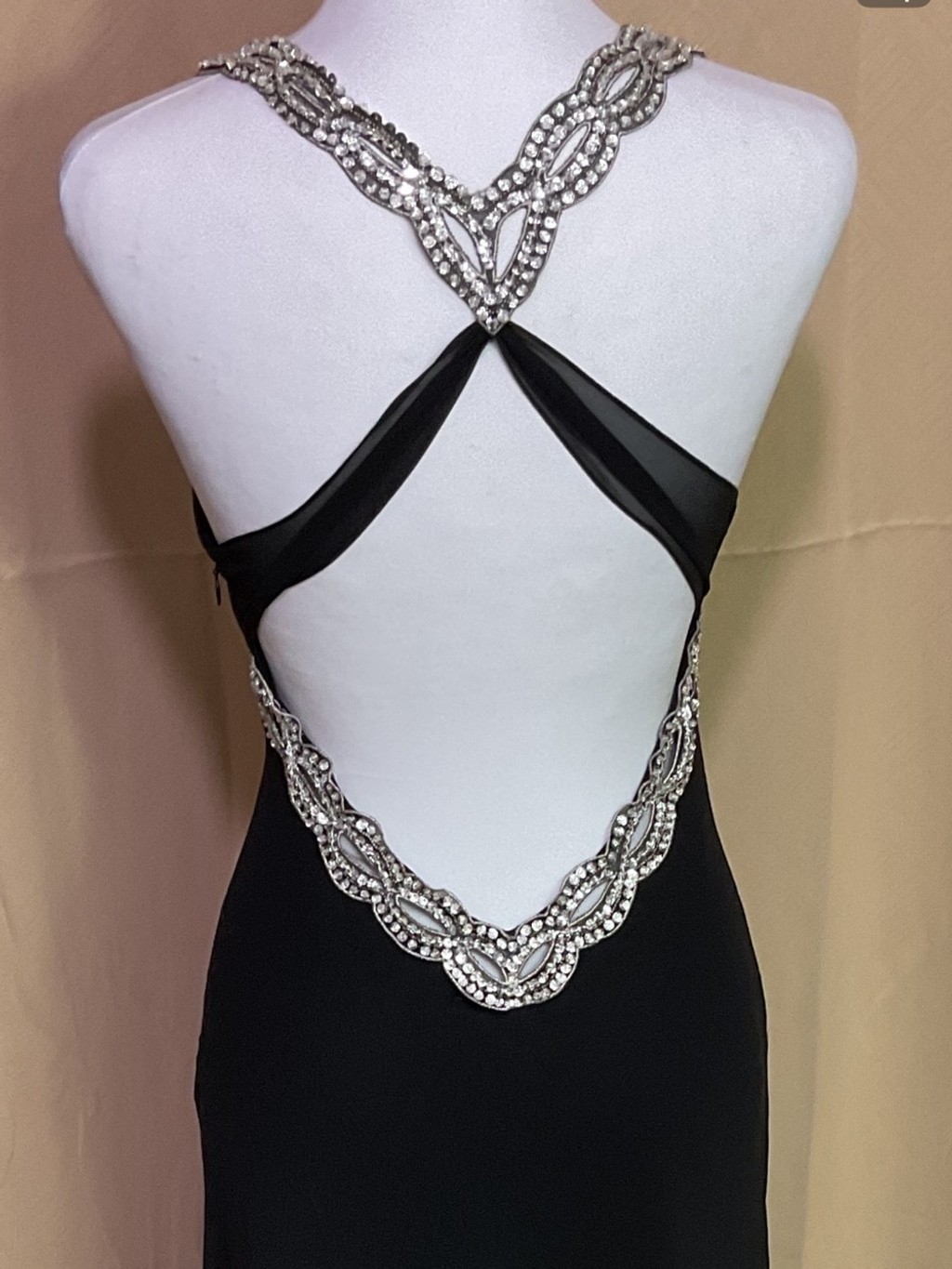 Faviana Couture Vintage Black Maxi Evening Gown with Silver Beaded Trim