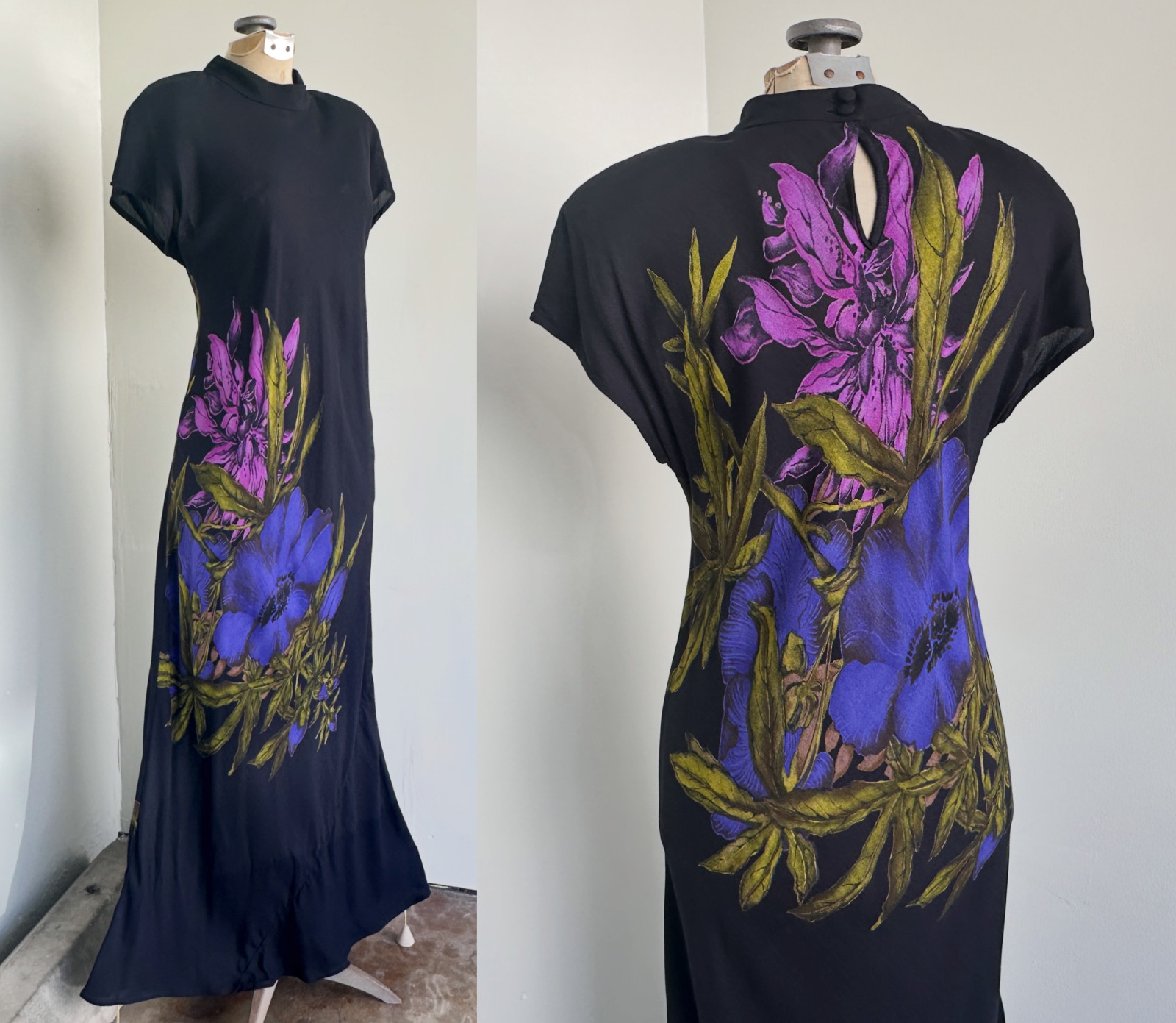 Carole Little 90s Black Floral Maxi Dress Size Medium Vintage Full Length Dress