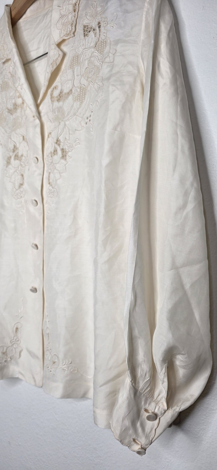 Vintage 70s Silk Hand Embroidered Cut Out Lace Blouse Boho Victorian Ivory