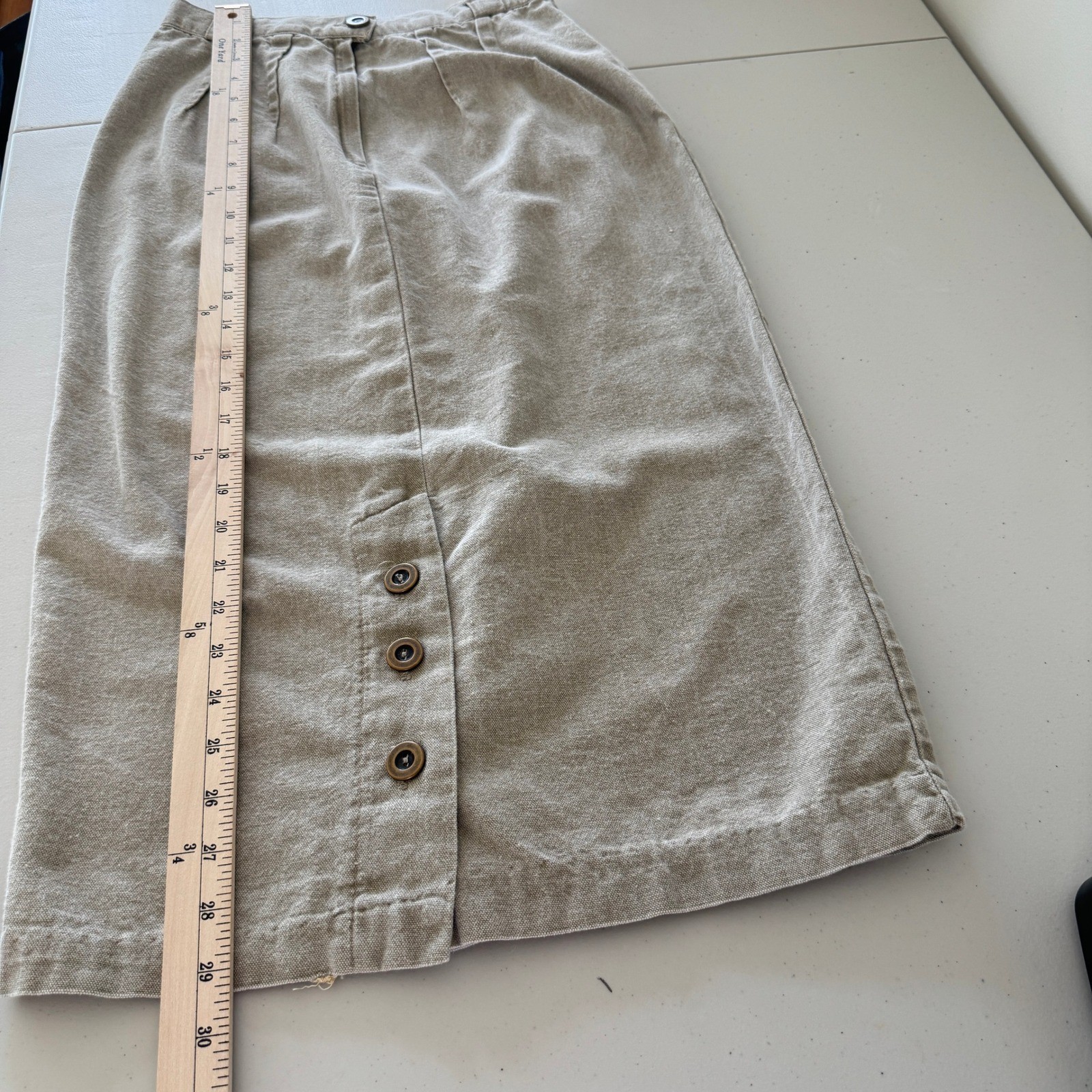Vintage 90s High Waist Cotton Canvas Midi Skirt S Pleated Coastal Minimalist USA