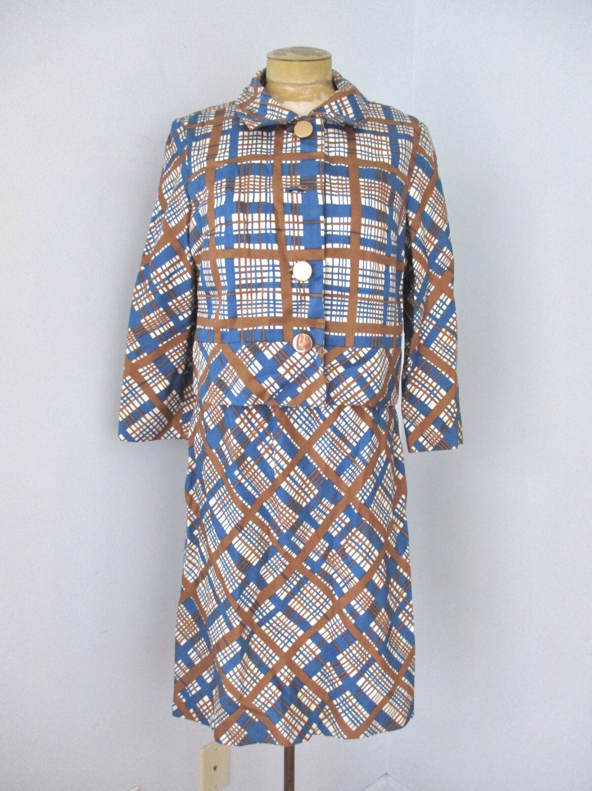 Vtg 60s 70s blue gold plaid cotton twill 2-pc dress jacket secretary suit 14