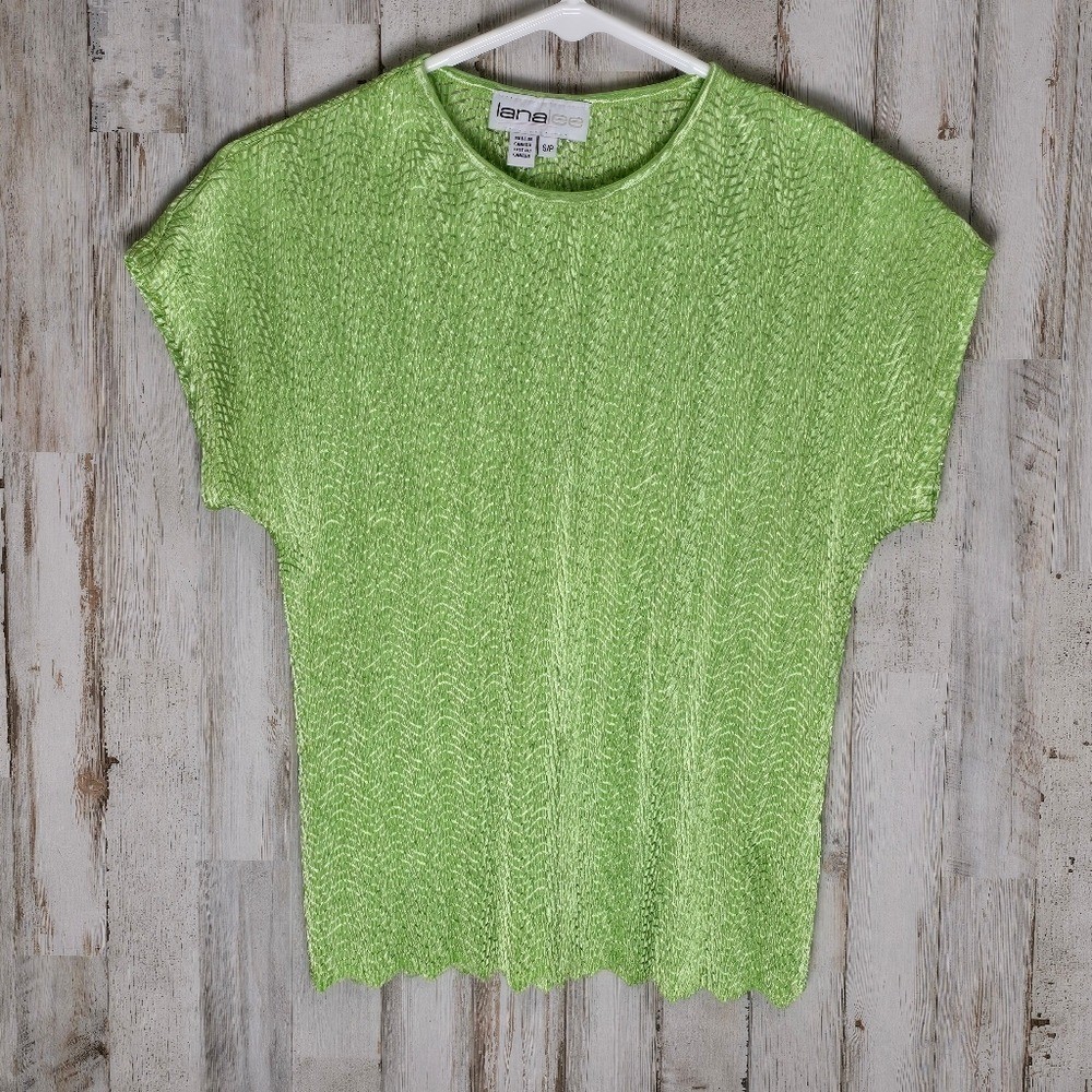 Lana Lee Vintage Bright Green Crinkle Short Sleeve Y2K Scalloped Shirt Small