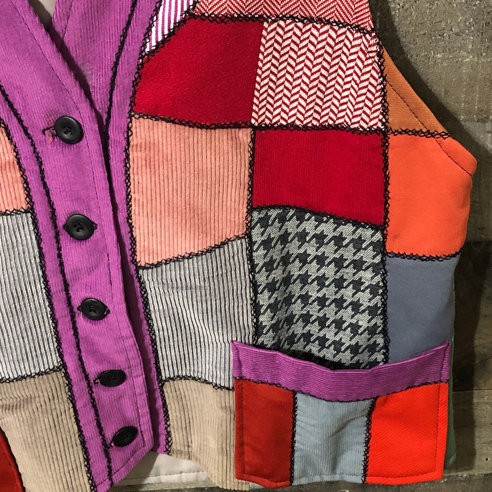Patchwork Womens Dopamine Quilted Hand Crafted Artsy Vest Vtg Folk Hippie L