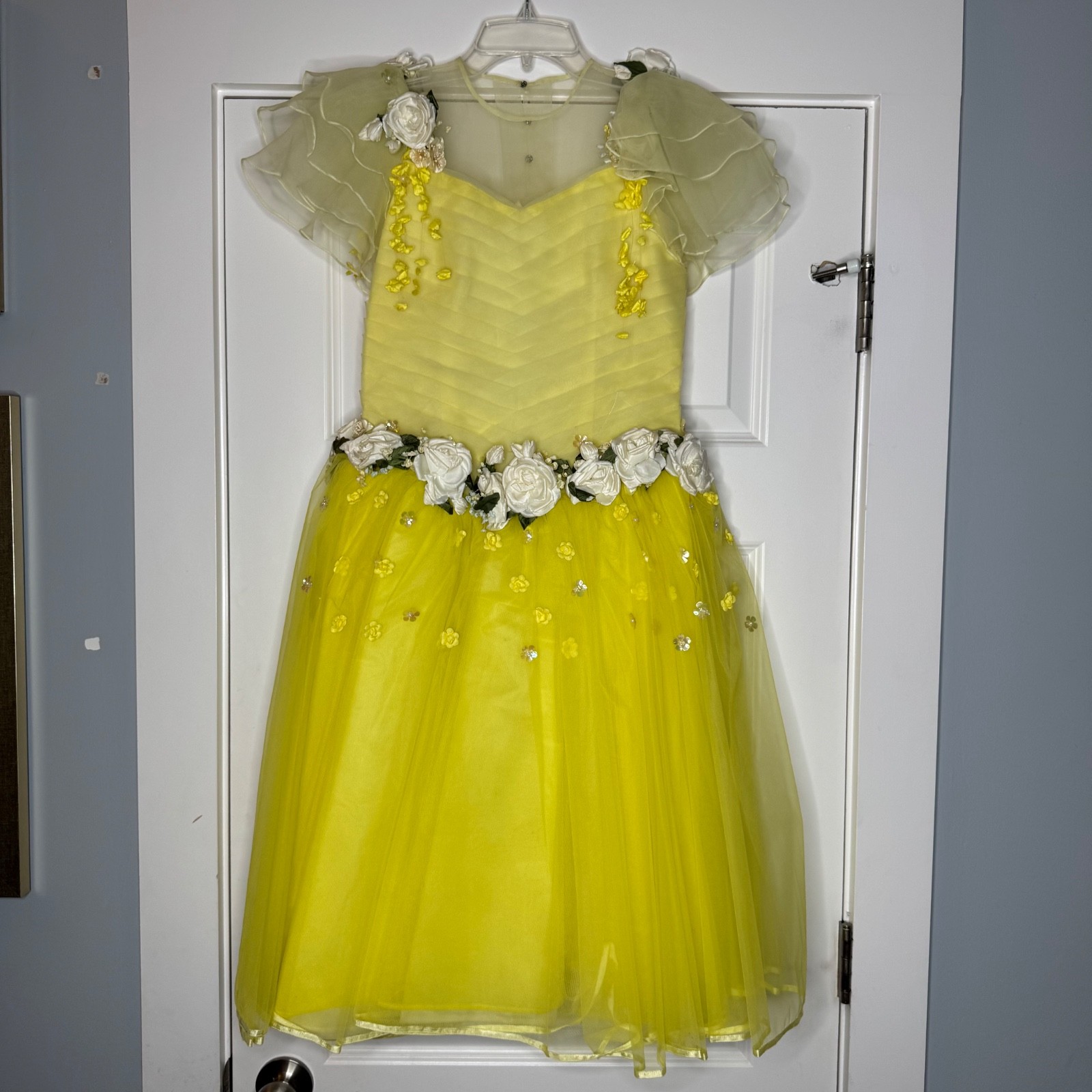VTG 50s Tulle Gown Prom Dress Yellow Cupcake Illusion Neckline Cotillion XS