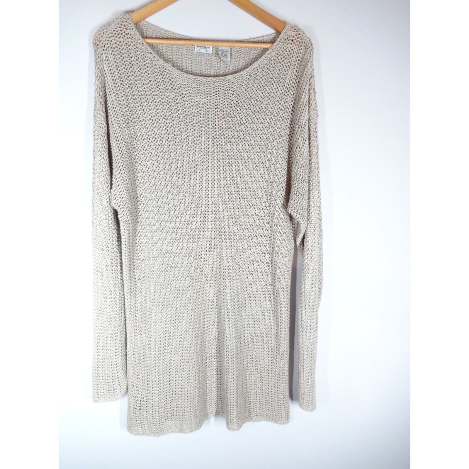 VTG Allen USA Sweater Large Oatmeal Open Knit Boho Linen Tunic Layering Lagen