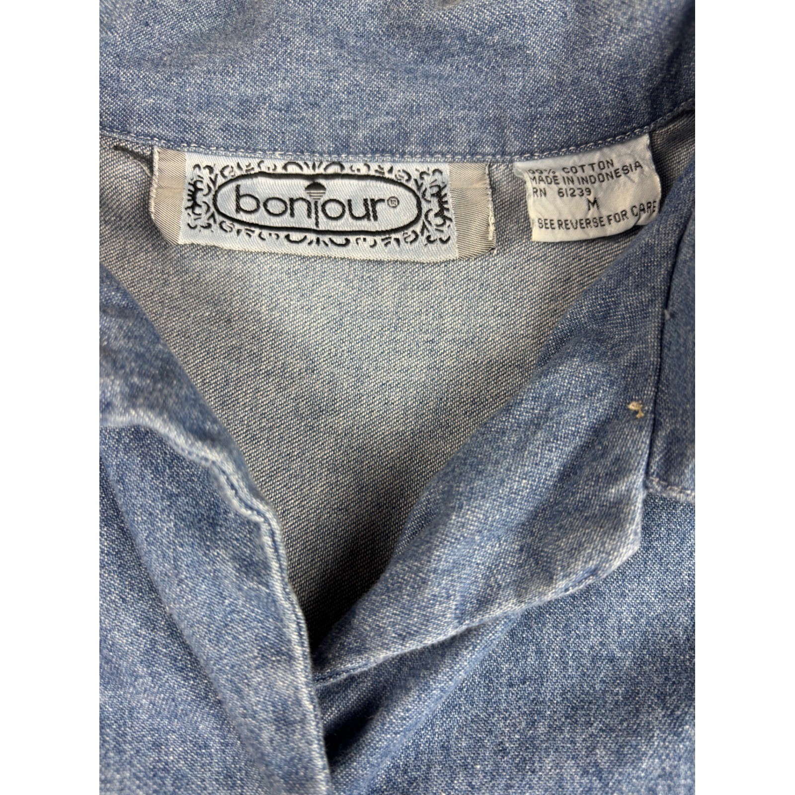Vintage Bonjour Denim Button Down Shirt Medium Puff Sleeve Pleated Back