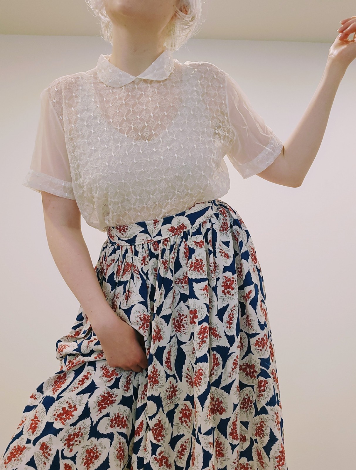 40s VTG Sheer Peter Pan Collar Blouse Sm/Med PinUp Nylon Sweet Kawaii Top Button