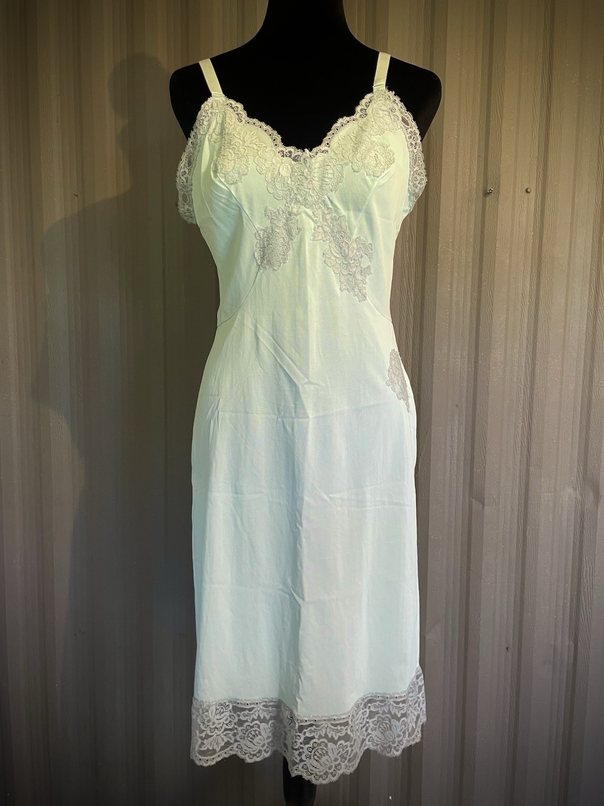 VTG 70s Sears Slip Dress Nightgown Sea foam Green Babydoll Nylon Lace Lingerie