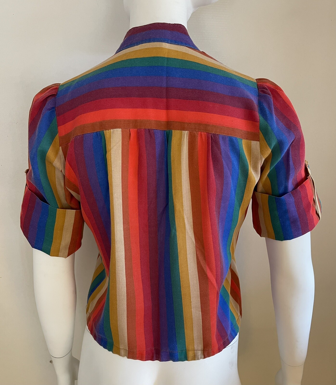 Vintage 1970s or 80s Byer California Rainbow Striped Drawstring Hem Top – Small