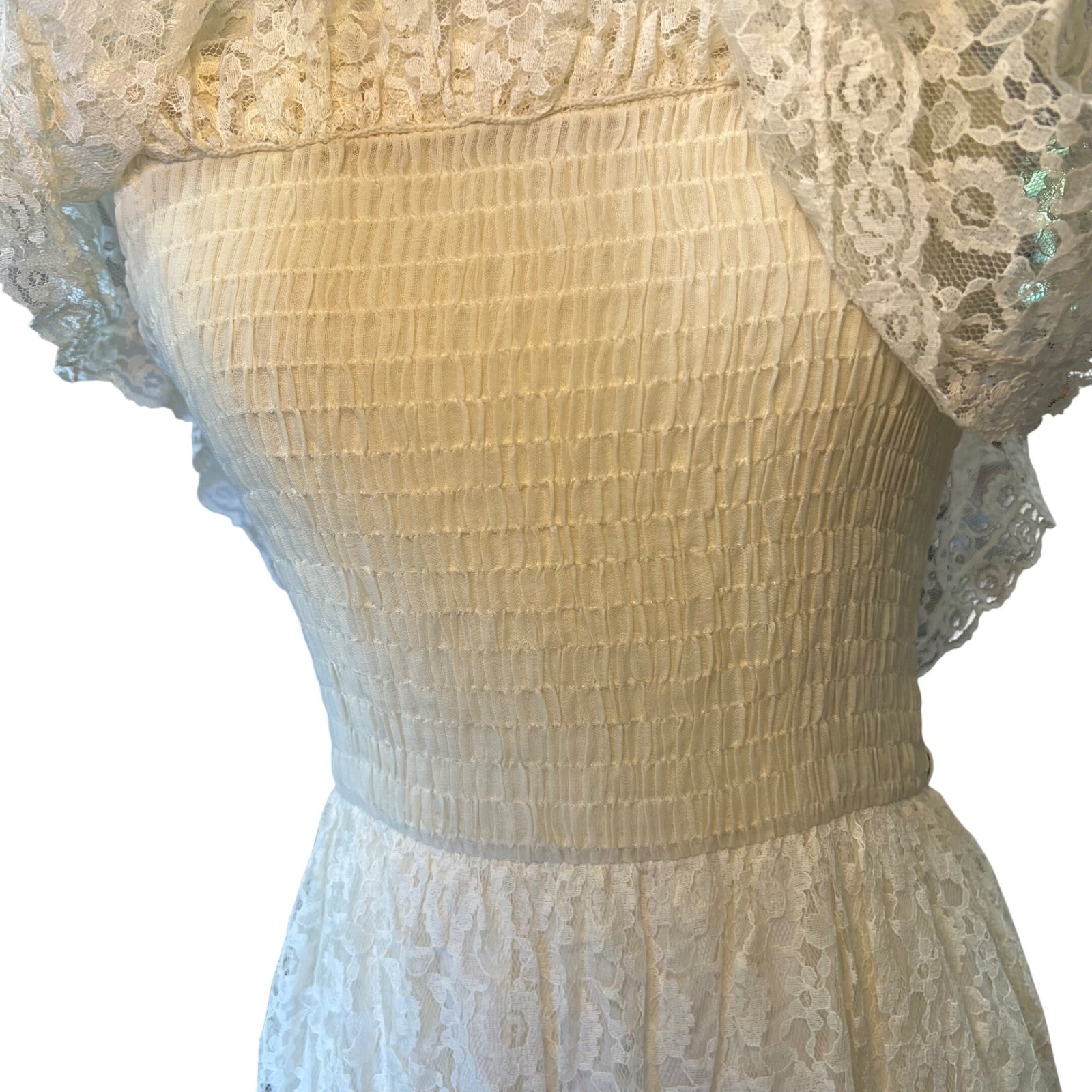 Vintage 70s Candi Jones Ivory Lace Maxi Dress Smocked Prairie Boho Wedding Small