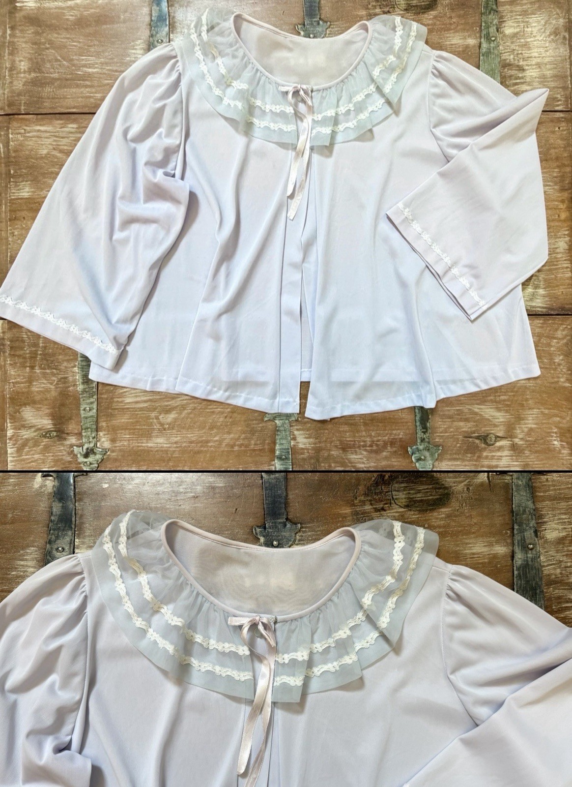 VTG 1950s MISS ELAINE Pale Lavender-Blue Pajama Top-BED JACKET PJ Sheer Lace M/L