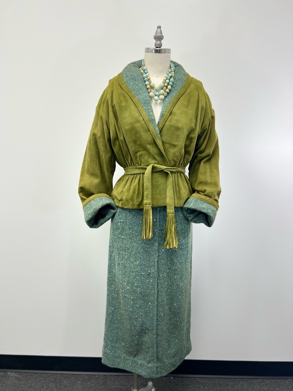 1960s VTG Leathervane Bonnie Cashin Designs 2pc Suit Pea Green Suede & Turq Wool