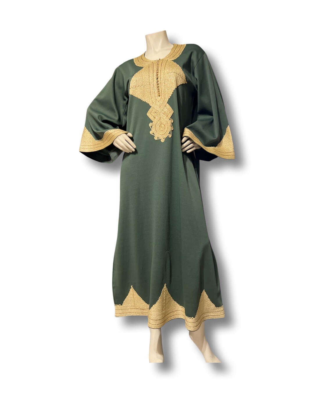 Vintage 70’s Caftan Moroccan Green gold embroidered/applique bell sleeves maxi