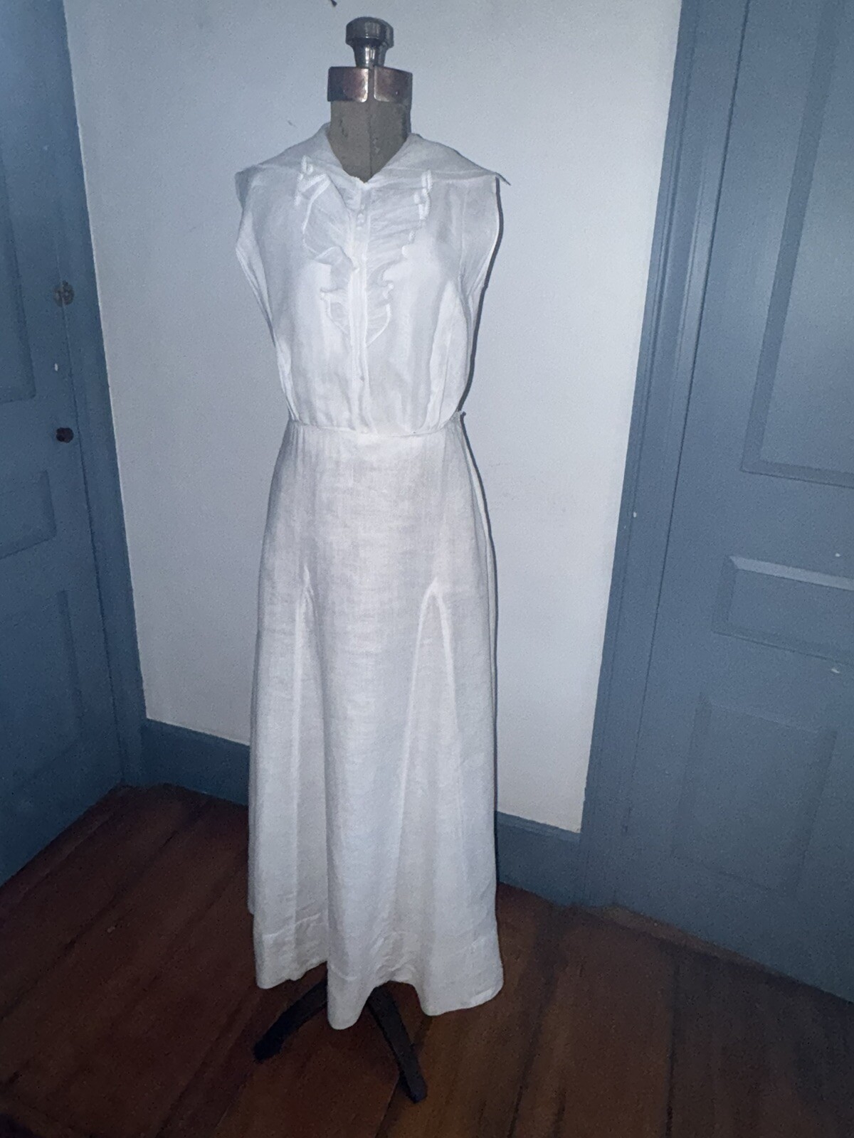 Antique C1910 Edwardian Ladies White Linen & Organdy Tennis Dress Unusual Find