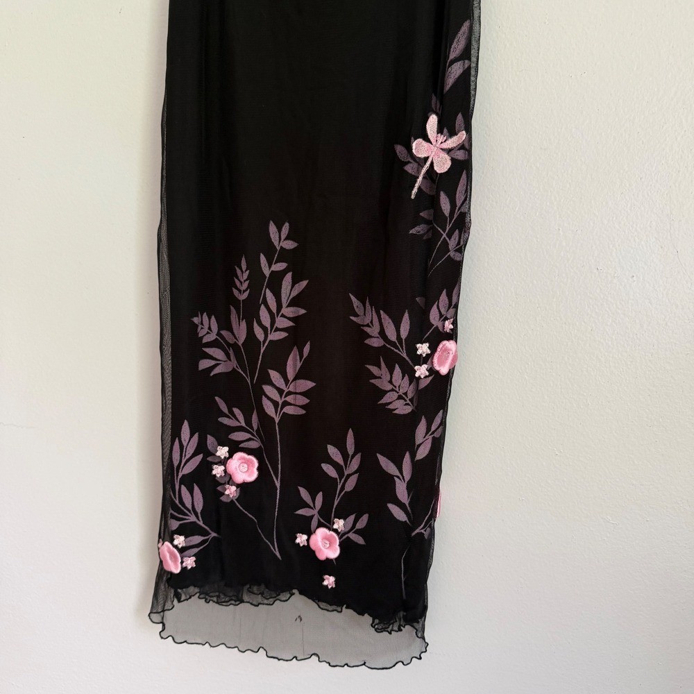 Vintage 90s Black Mesh Floral Embroidered Slip Dress Medium Bonkers Clothing Co