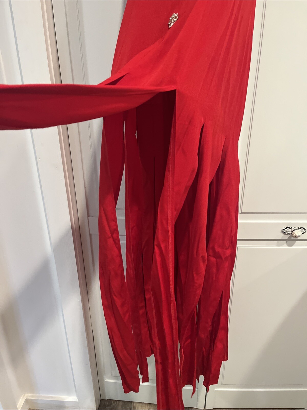 Karen Lucas Dress Women’s 12 Red Long Cut Slits Slats Sexy Vintage~RARE