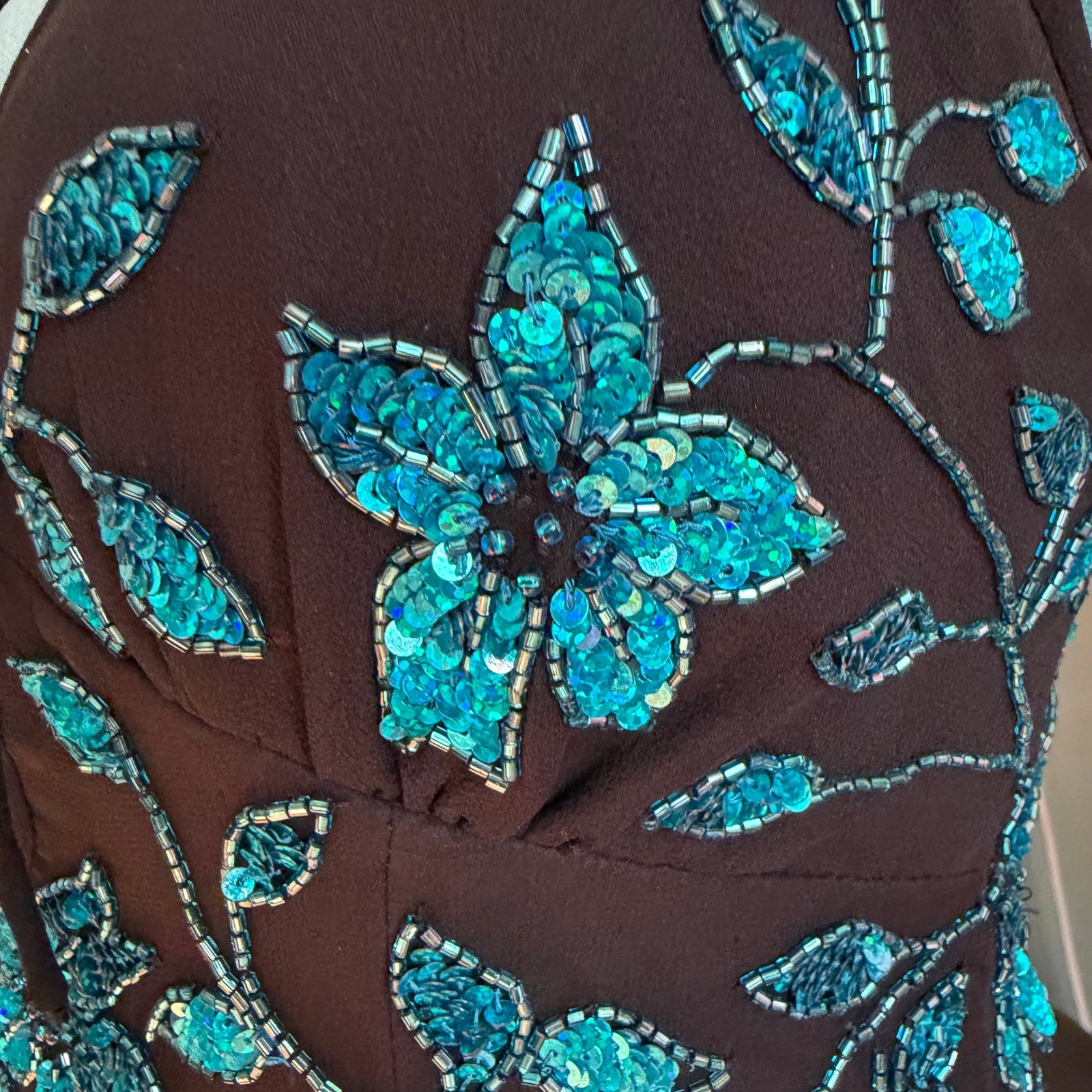 Cache Womens Silk Halter Maxi Black Teal Sequin Beaded Prom Fairy