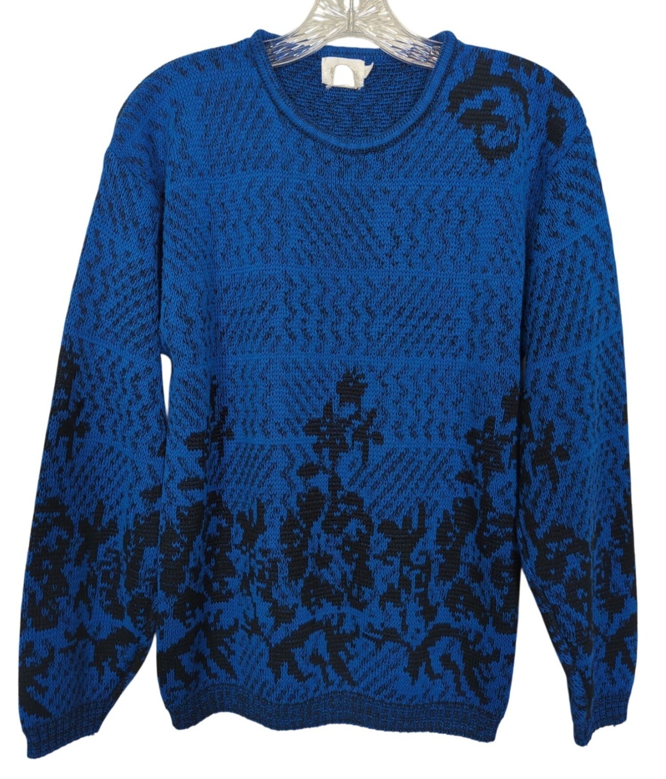 Vintage Tan F Jay long sleeve Sweater Blue & Black abstract floral Pattern Sz M