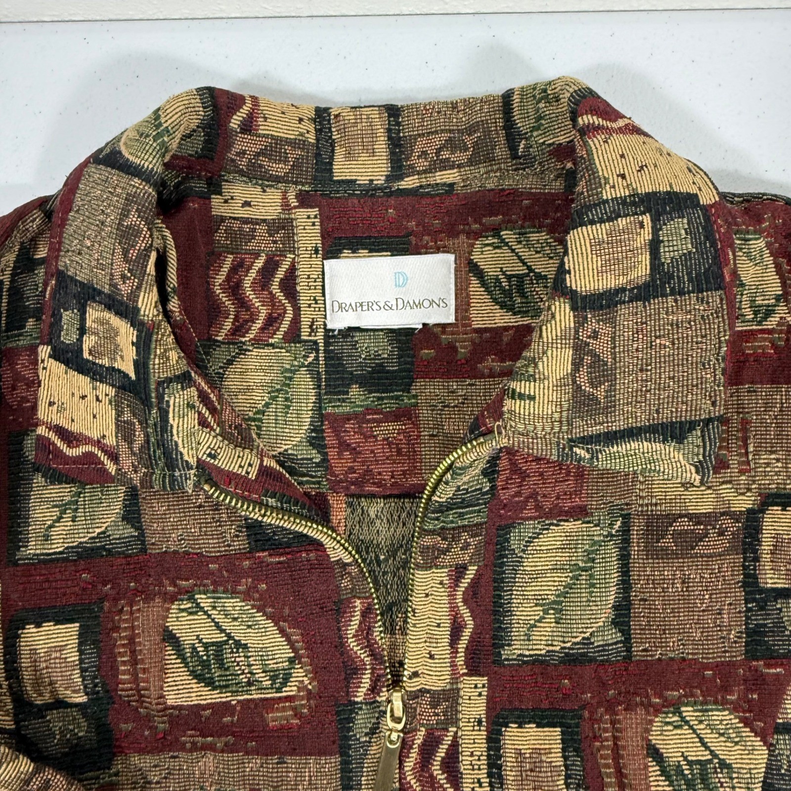 Draper’s & Damon’s Vintage Tapestry Jacket L Zip Up Patchwork Art To Wear Boho